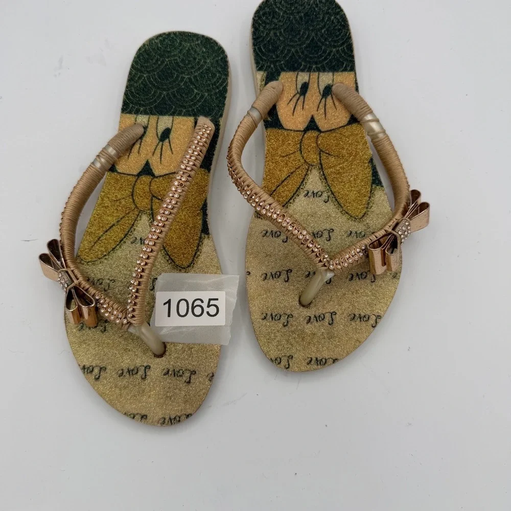 Disney Flip Flops Women Size 37/8 Good Gold Minnie Mouse Rhinestone Bow Sandals